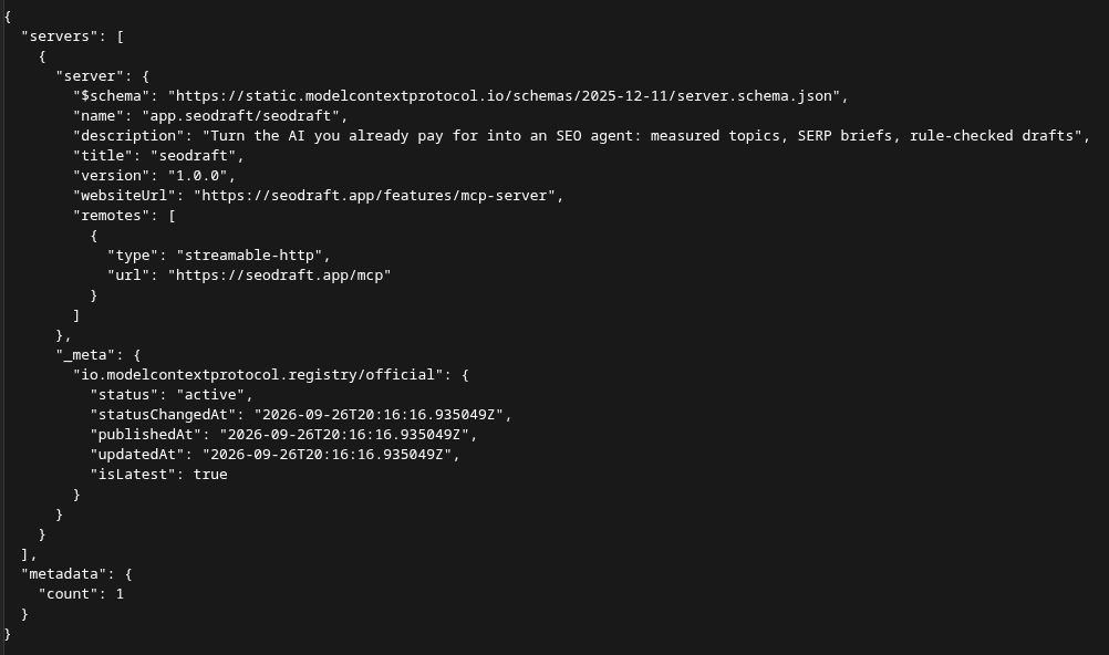 Respuesta del MCP Registry oficial para app.seodraft/seodraft, versión 1.0.0, con estado active