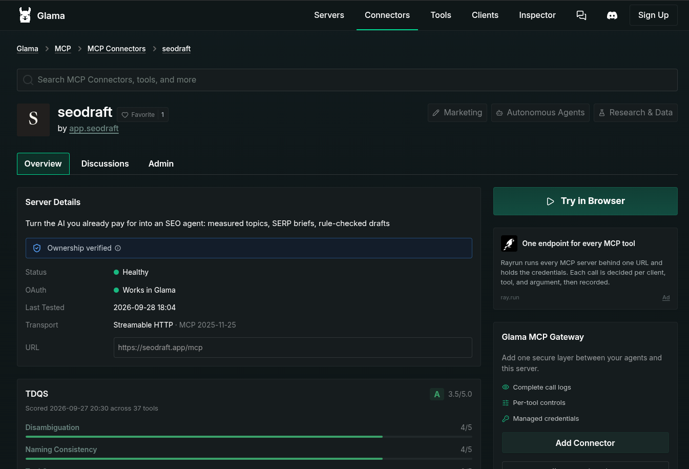 Ficha de seodraft en Glama con la propiedad verificada, estado Healthy y OAuth funcionando
