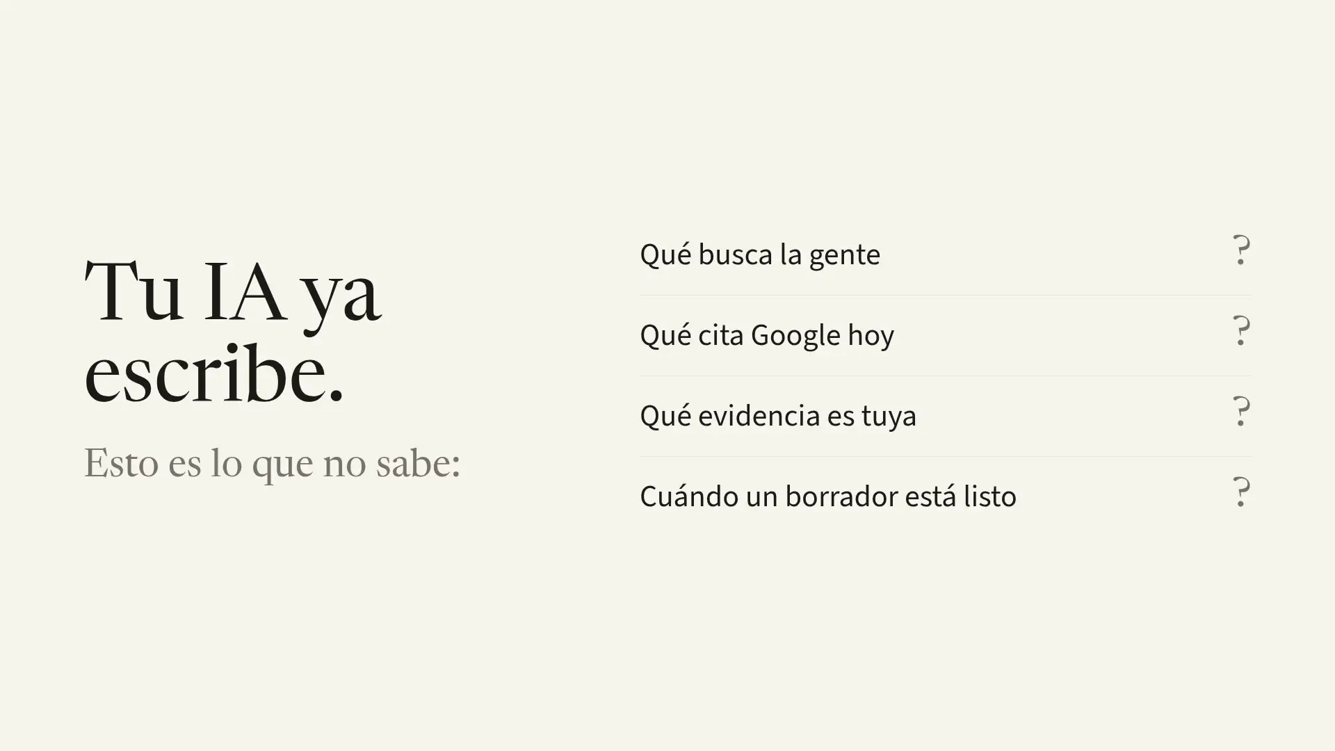 Tu IA ya escribe, pero no sabe qué busca la gente, qué cita Google hoy, qué evidencia es tuya ni cuándo un borrador está listo. seodraft mide el tema, lee los resultados de hoy, cita solo la evidencia que aceptaste y pasa las reglas en cada borrador. Un artículo sale solo cuando lo aprobás.